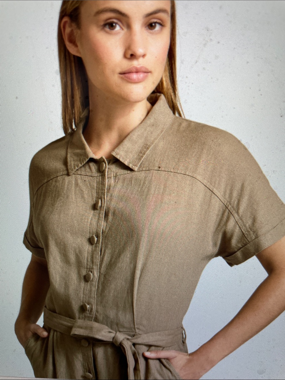 Ichi linen Women’s Short Sleeve Button-Front Jumpsuit in sand/nwt - Picture 7 of 7